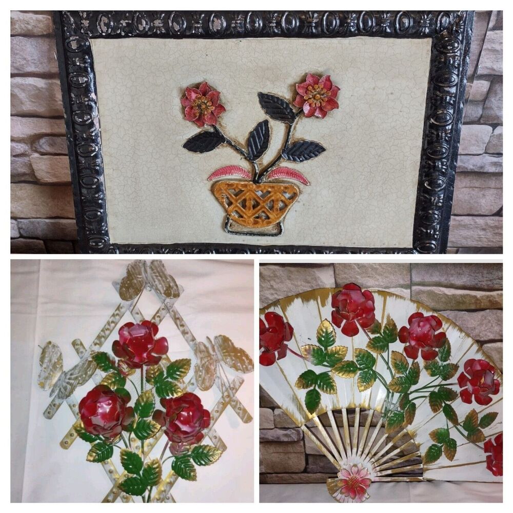 Lot Of 3 Rustic Vintage MCM Brass Wall Art Hangings Florals Butterflies Roses